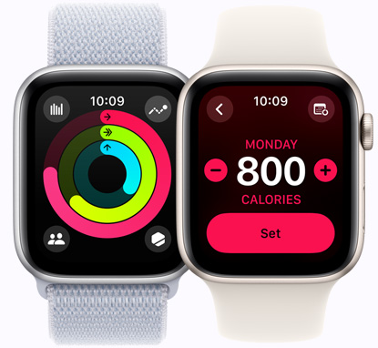 Twee exemplaren van Apple Watch SE met op het ene scherm Activiteit-ringen en op het andere scherm een doel voor het aantal calorieën