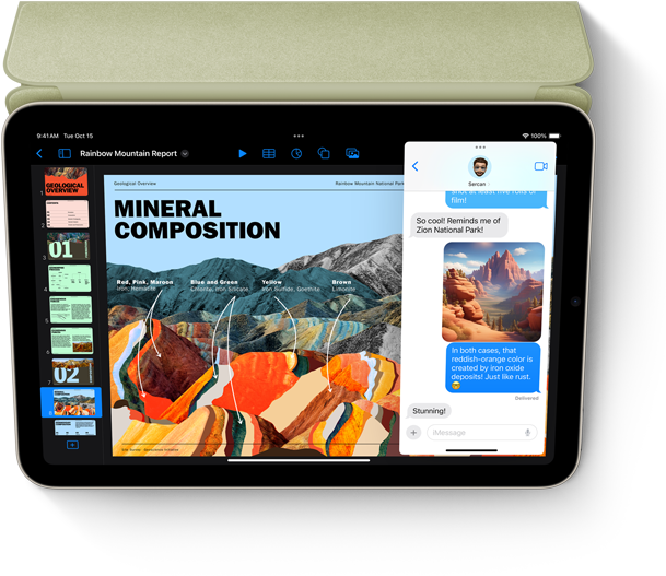 Un iPad mini en mode paysage affiche Keynote et Messages avec Slide Over.