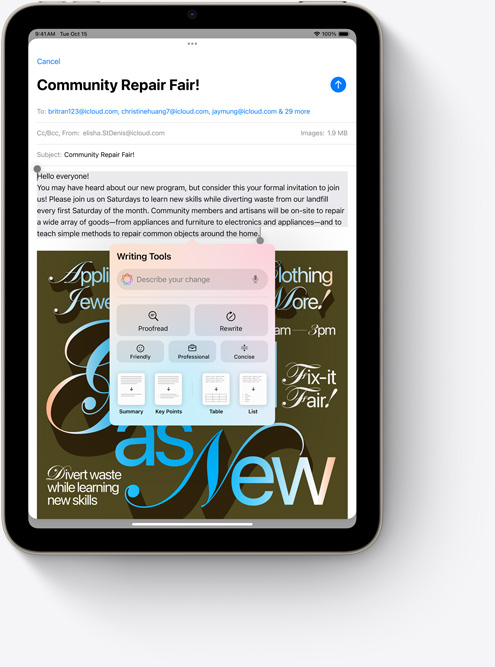 Un iPad mini montre les Outils d’écriture dans Mail, une nouvelle fonctionnalité Apple Intelligence.