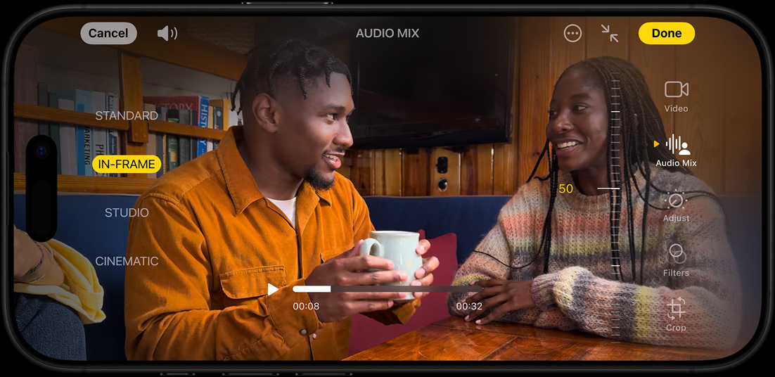 The Audio Mix feature demonstrated on an iPhone 16 Pro