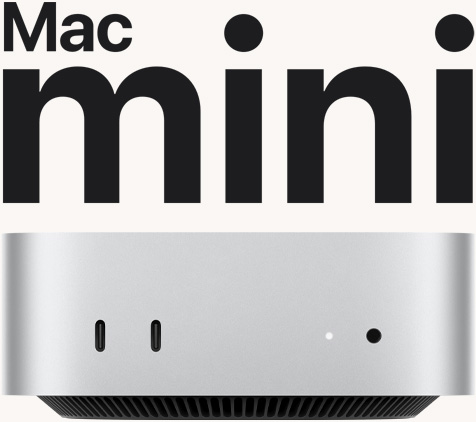 Vue de face d’un Mac mini argent montrant les ports avant et le voyant lumineux.