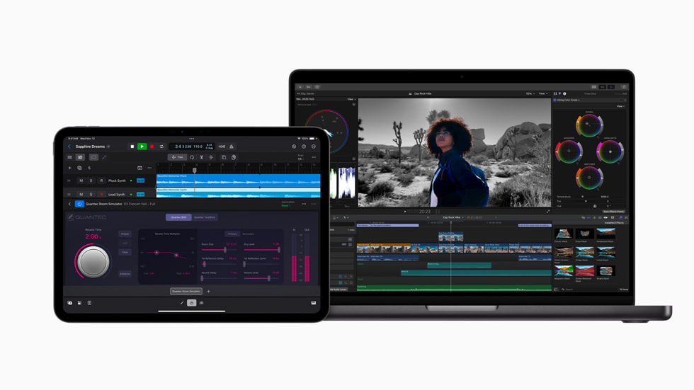 iPad Pro 上显示着 iPad 版 Final Cut 2.1，MacBook Pro 上显示着 Final Cut Pro 11。