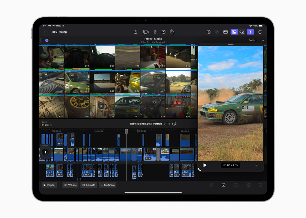 iPad Pro 上显示着 iPad 版 Final Cut Pro 2.1 中的工作流提升。