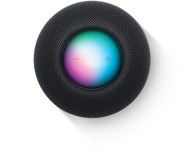 午夜色 HomePod mini 和三部 iPhone。一部显示家庭 app，第二部显示 HomeKit 中的图形，第三部显示“探索”标签页。