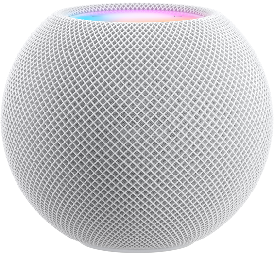 侧面图展示白色、蓝色和黄色 HomePod mini 前后交错排列。Siri 已激活。