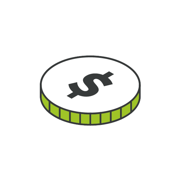 green, grey and white icon of a coin with a dollar symbol