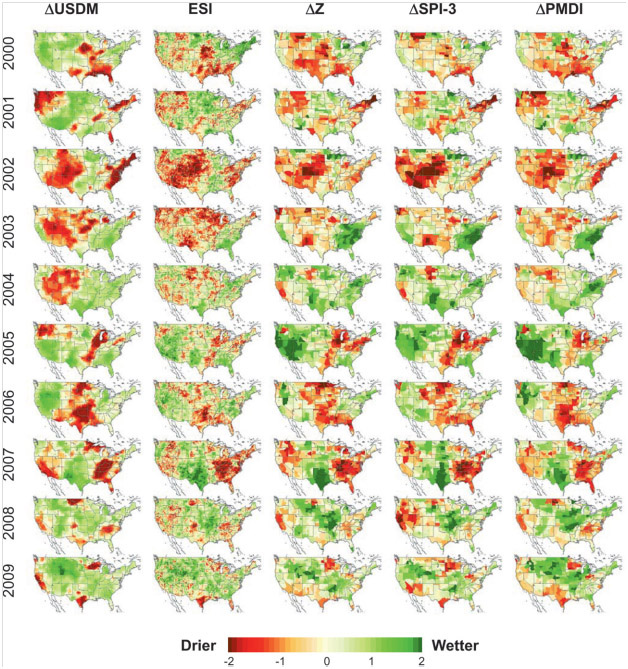 Seasonal anomalies from various drought products, Graphic by Martha Anderson