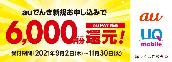 auでんき新規お申し込みで6000円分還元