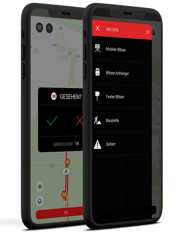 Zwei Smartphones im Hochformat stehen seitlich versetzt nebeneinander und zeigen das Melden und Bestätigen in der Blitzer App. Beim Melden kann man zwischen verschiedenen Blitzertypen und Gefahren wählen. Das zweite Smartphone zeigt ein Popup, nachdem man an einer Meldung vorgefahren ist und fragt den Nutzer: Gesehen? Ja / Nein?