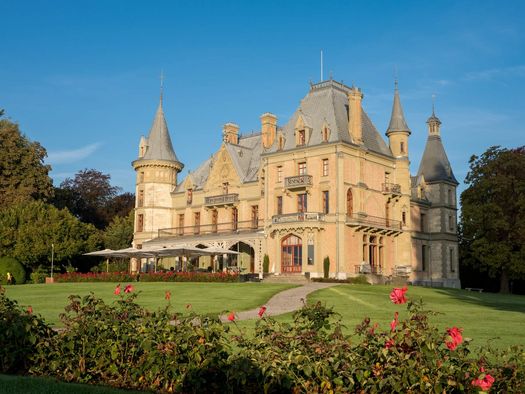 Schloss Schadau umgeben von einer grünen Wiese und Blumen im Schadaupark