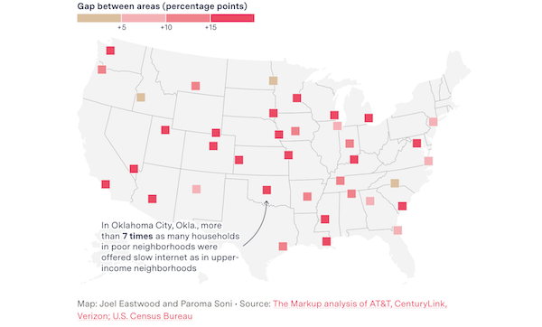 Map of the US with red squares indicating the gap in internet speeds between rich and poor neighbourhoods