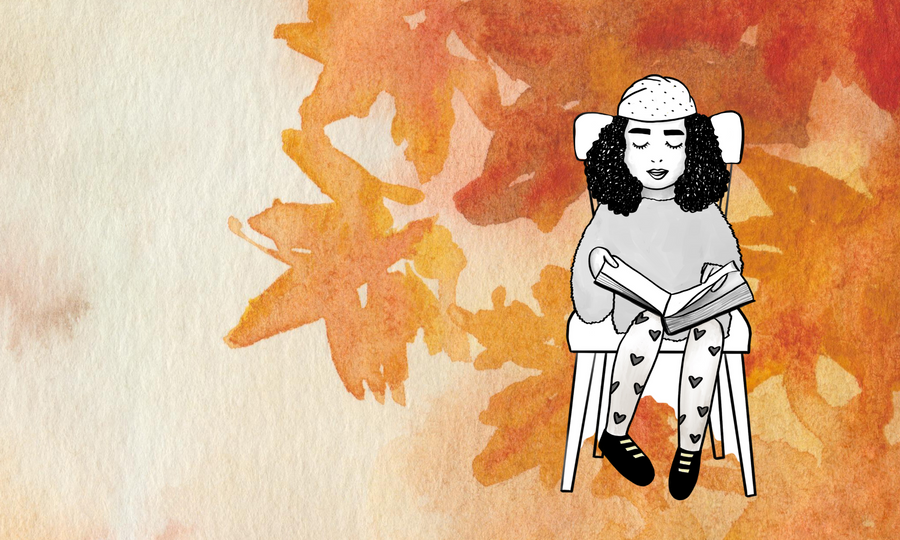 Girl reads a book on a chair hand drawn illustration against a backdrop of leaves