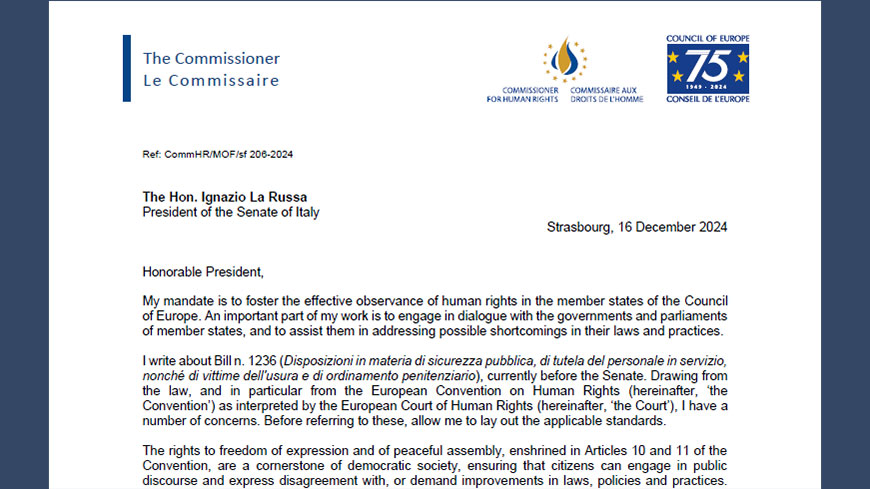 The Commissioner asks the Italian Senate to amend the ‘security bill’ to safeguard human rights