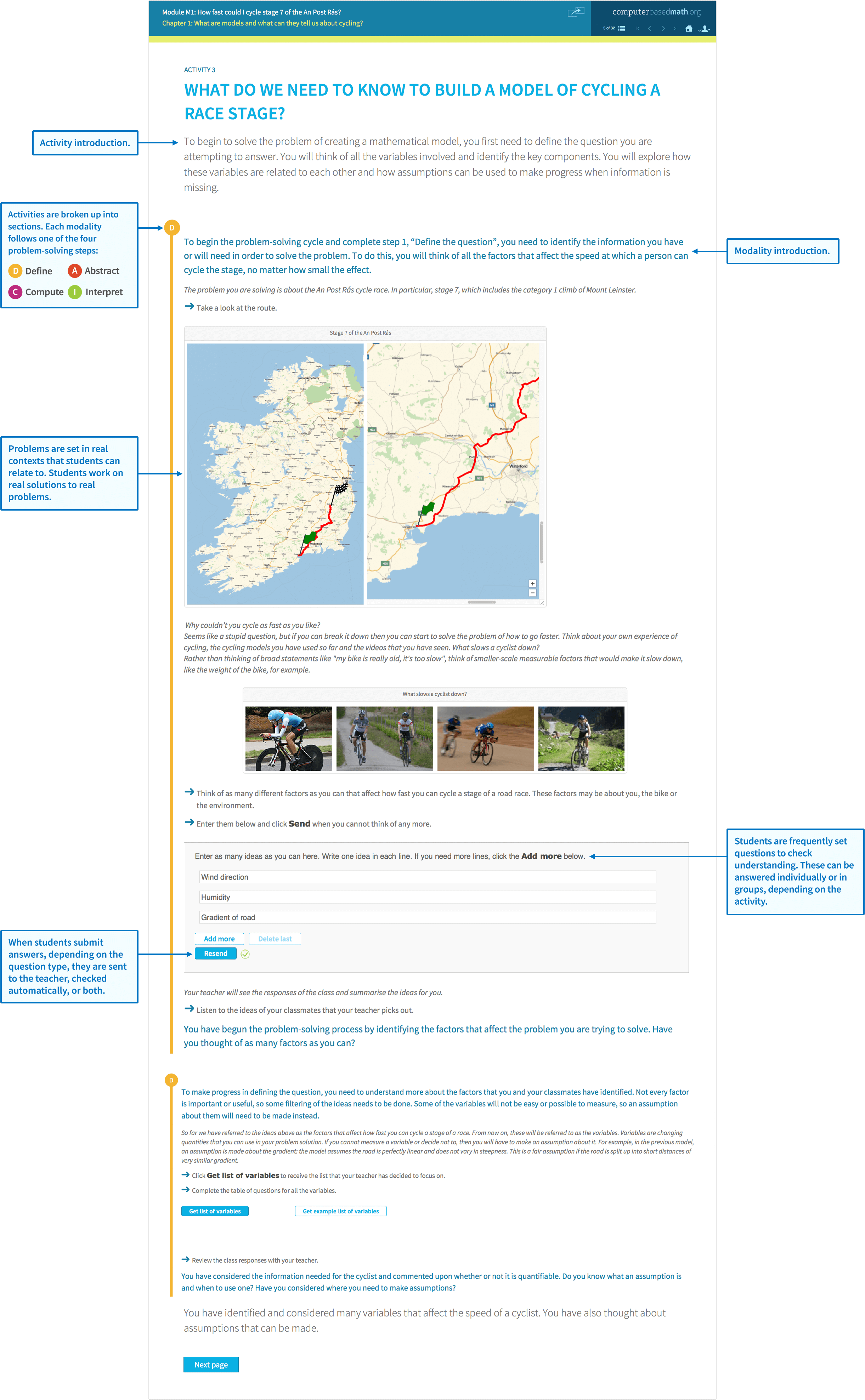 Sample module activity about starting to build a model of a cycling racing stage. Student view shows a description of the activity, how to define the problem to be solved, questions to confirm understanding.