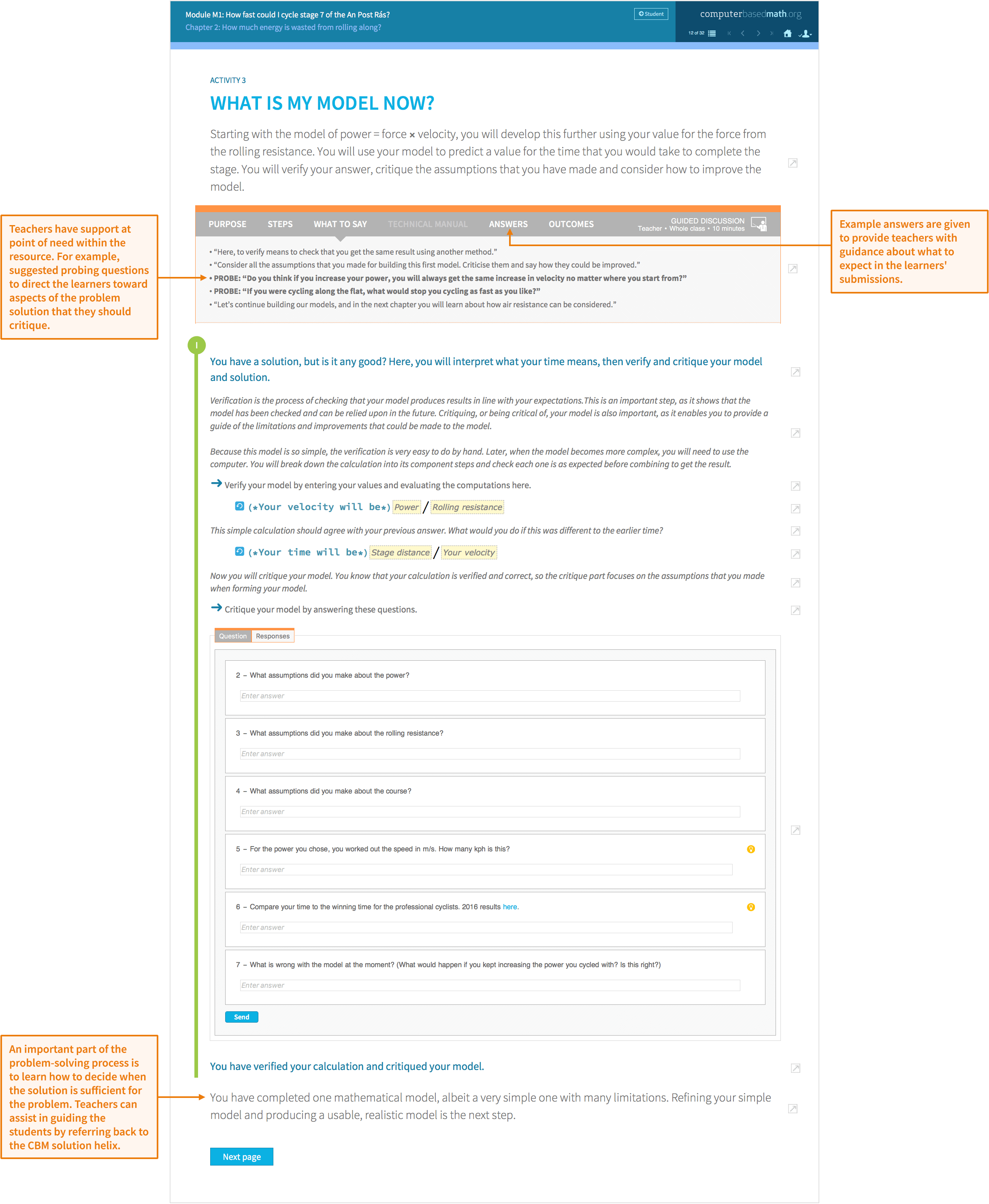 Sample module activity helps students review and understand their mathematical model. The teacher view provides extra content, such as probing questions, and guidance on acceptable student submissions.