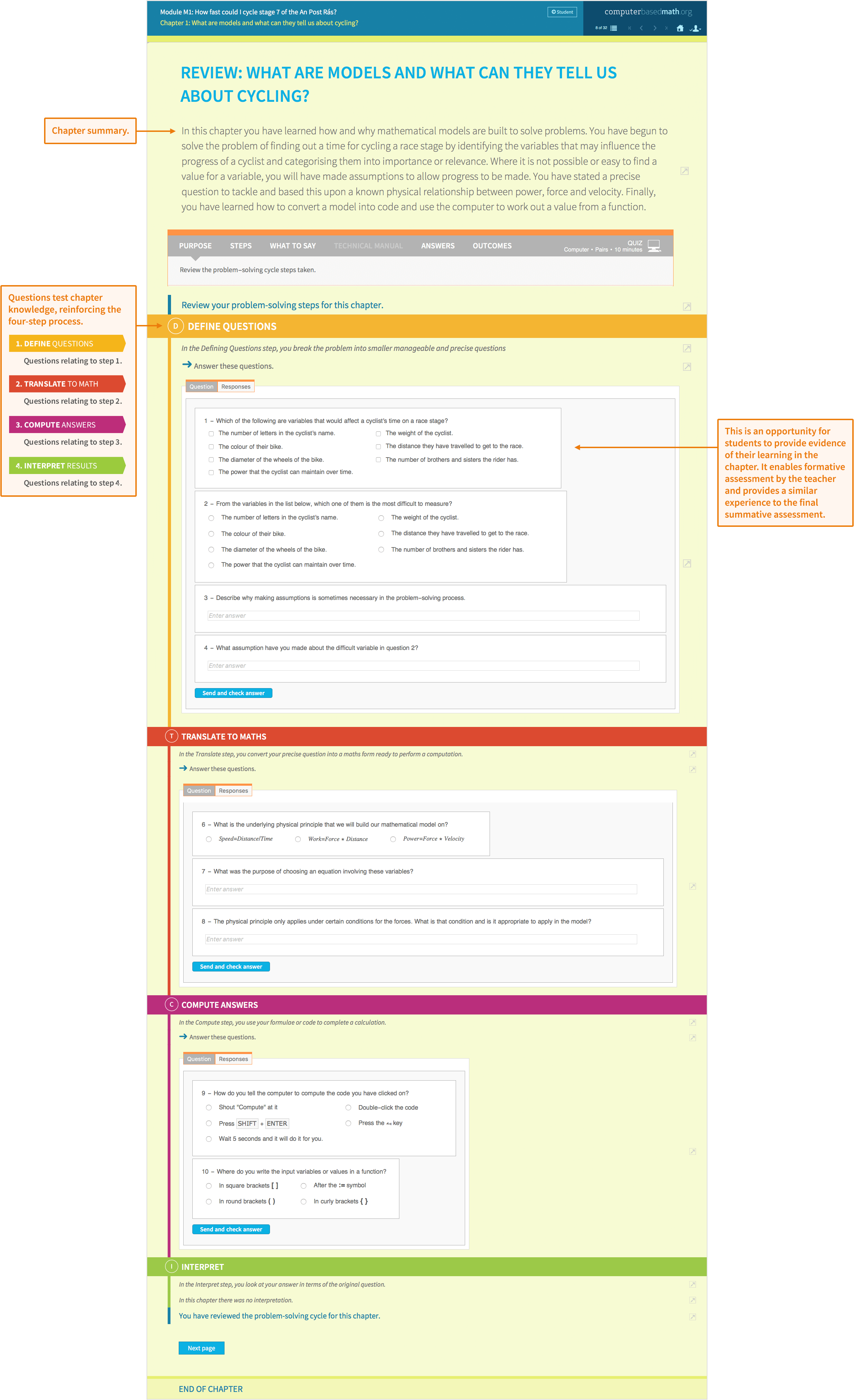 Sample module chapter review about modelling a cycling race. Teacher view shows a summary of the original activity, questions to reinforce the four-step problem-solving process and results from a final student assessment