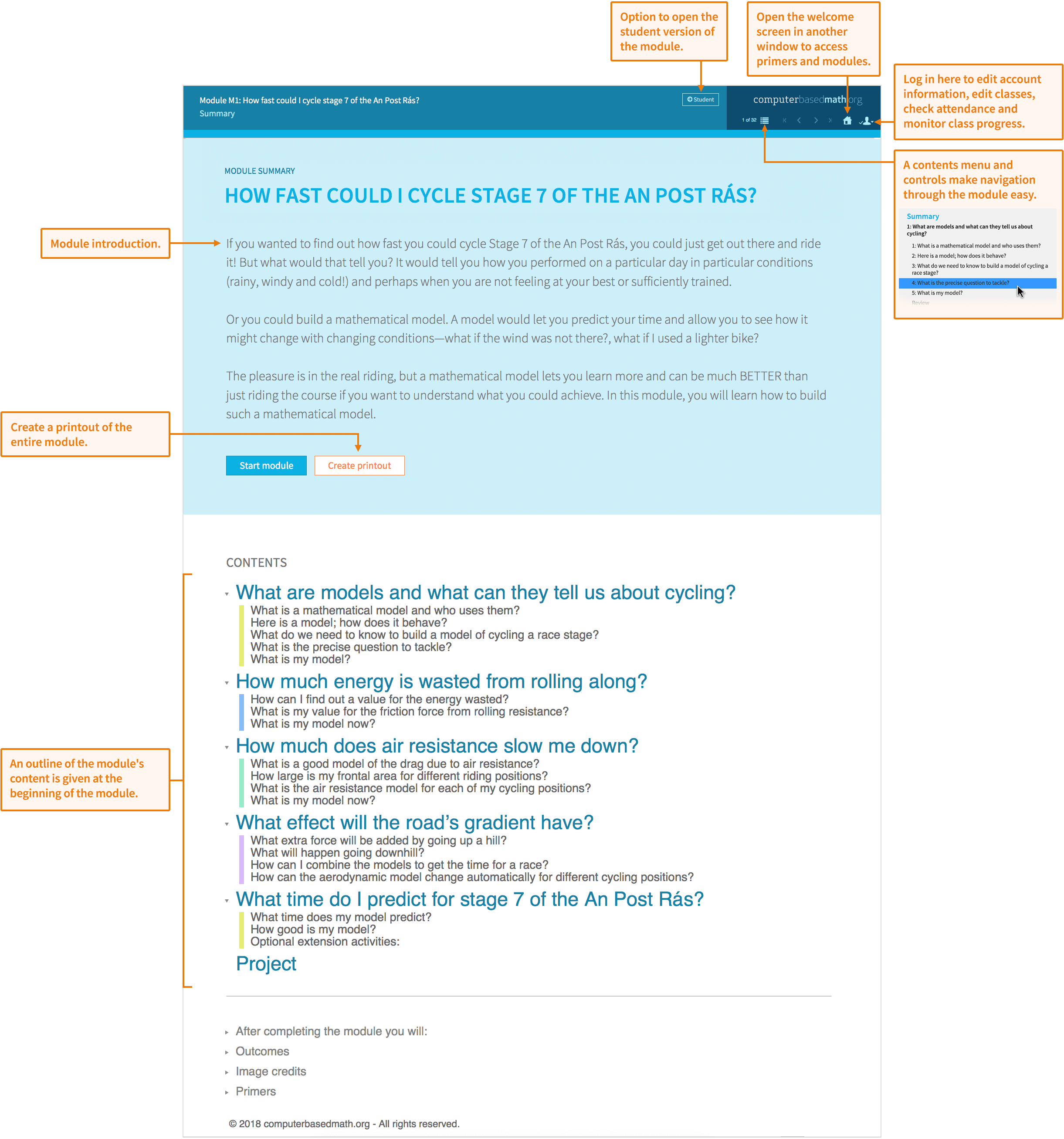 Sample module about cycling Stage 7 of the An Post Ras. Teacher view shows module introduction, how to access primers and modules, where to edit account information, a contents menu, how to print the module, chapter contents, an outline of the module's content.