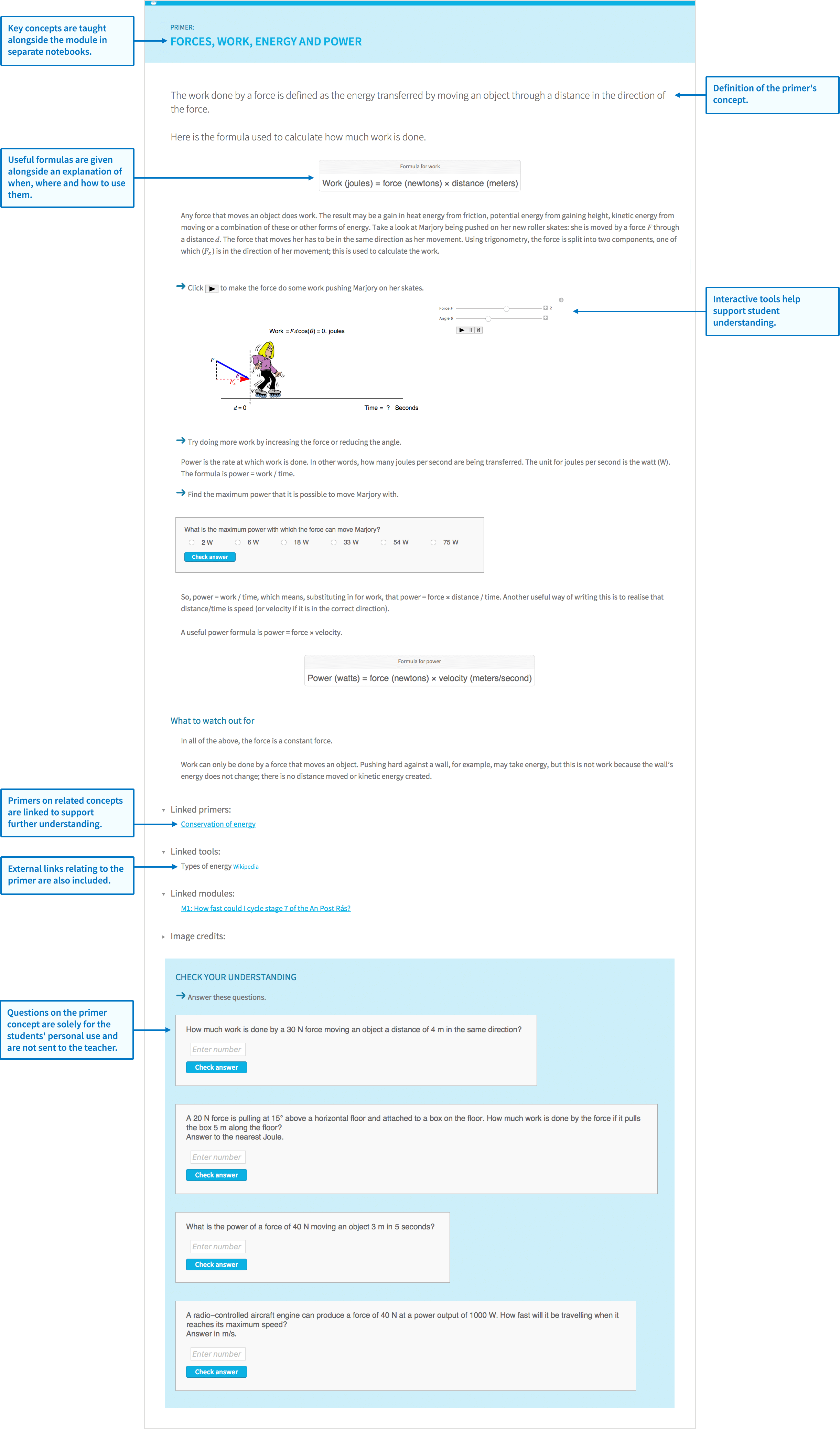 Sample module primer about forces, work, energy and power. Primers provide students background knowledge to solve module activities.