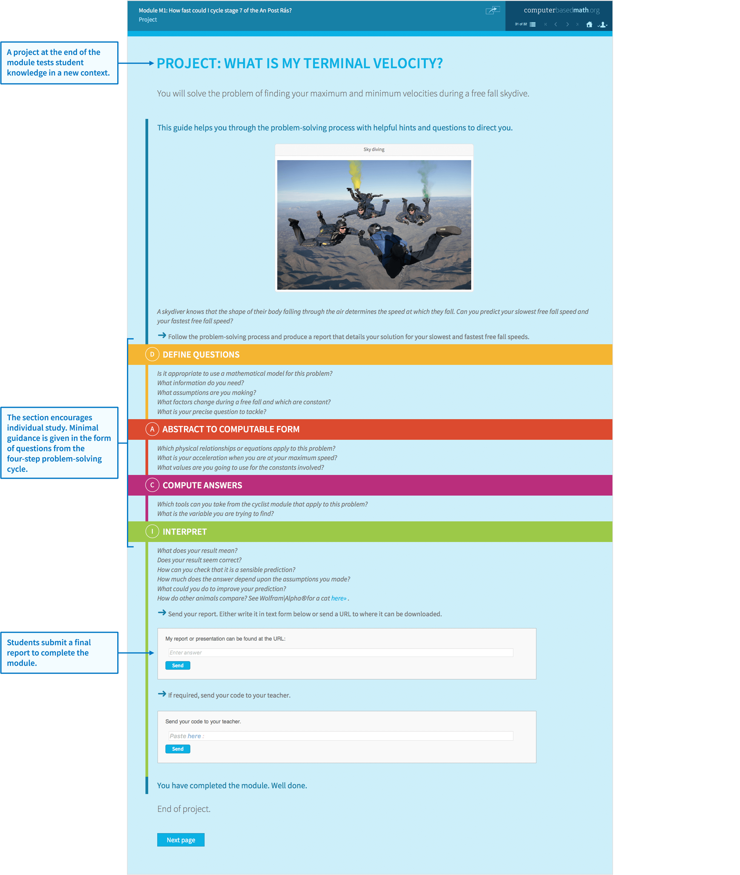 Sample post-activity project about finding terminal velocity. Student view shows the new problem to be solved, questions to guide through the problem-solving process and a submission area for the student's final report.