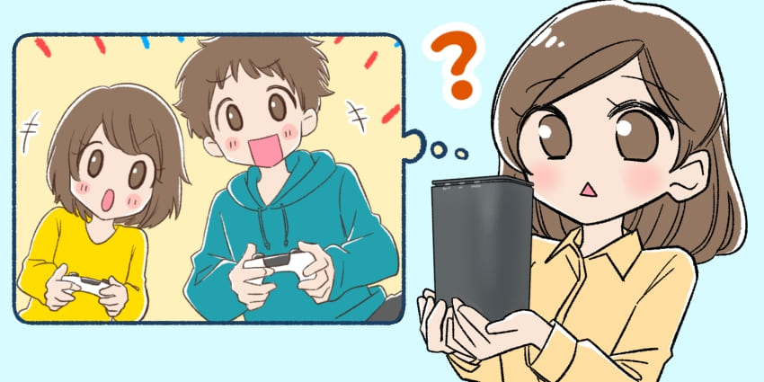 home5GでFPSなどのオンラインゲームはストレスなく遊べる？と疑問に思っている女の子のイラスト