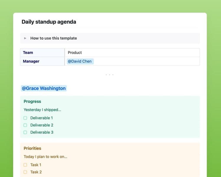 Daily standup agenda template on Craft