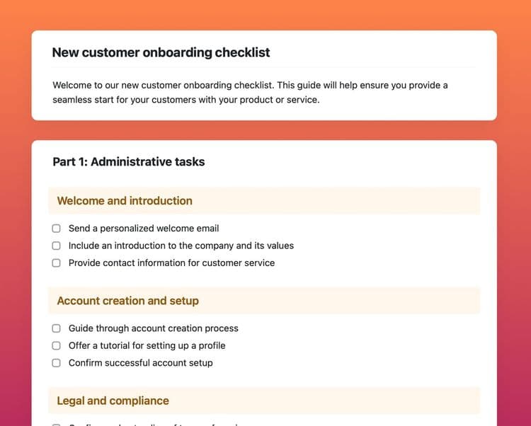 new customer onboarding checklist in craft