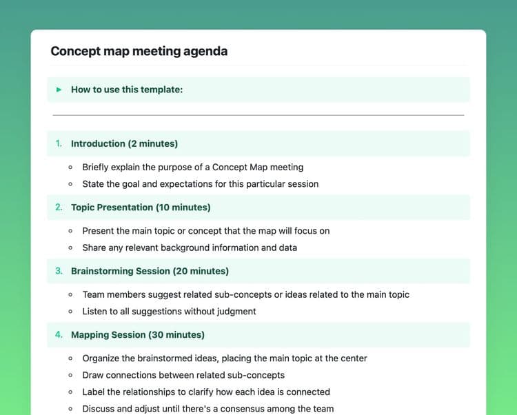 Concept Map meeting agenda template in Craft showing instructions, opening, and mapping session.