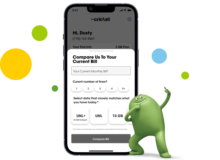 iPhone showing tryCricket's 'Compare Us To Your Current Bill' feature