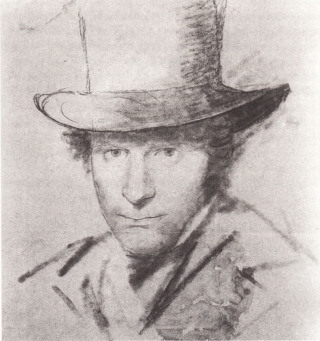 Selbstportrait mit Zylinder von Carl Blechen. Kohle auf Papier