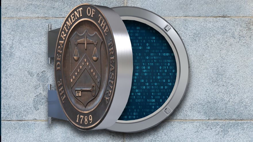 Blog abstract feature image with U.S. Department of Treasury seal depicted as the open door of a digital vault.