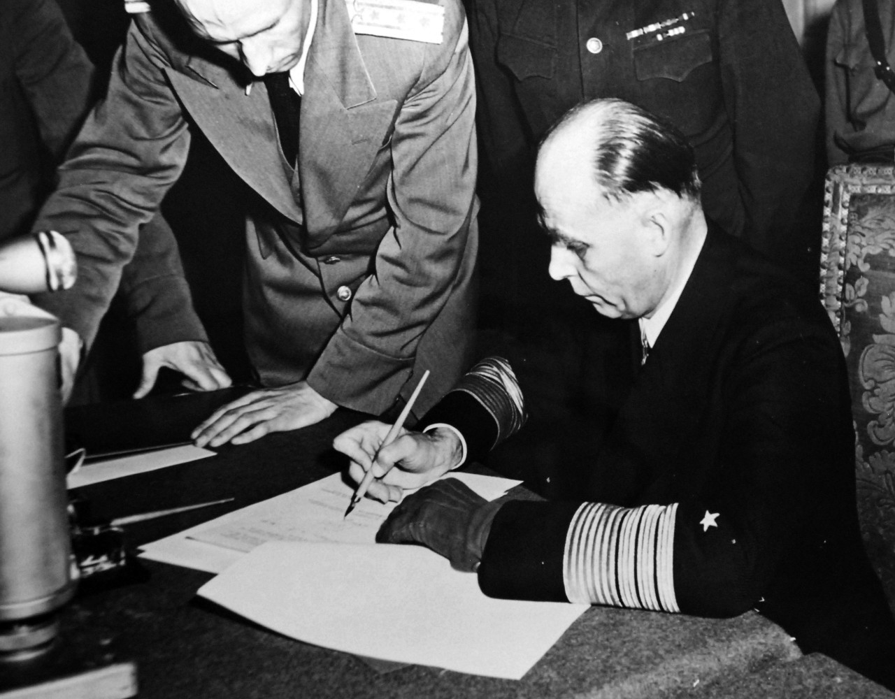 Signing of the surrender of Germany that will end World War II in Europe