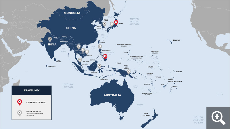 A map indicating the Secretary of Defense's travels and number of trips to the following locations: Singapore (4), Cambodia (2), India (3), South Korea (4), Indonesia (2), Papua-New Guinea (1), Japan (2), Philippines(2), Thailand (1), and Vietnam (1).