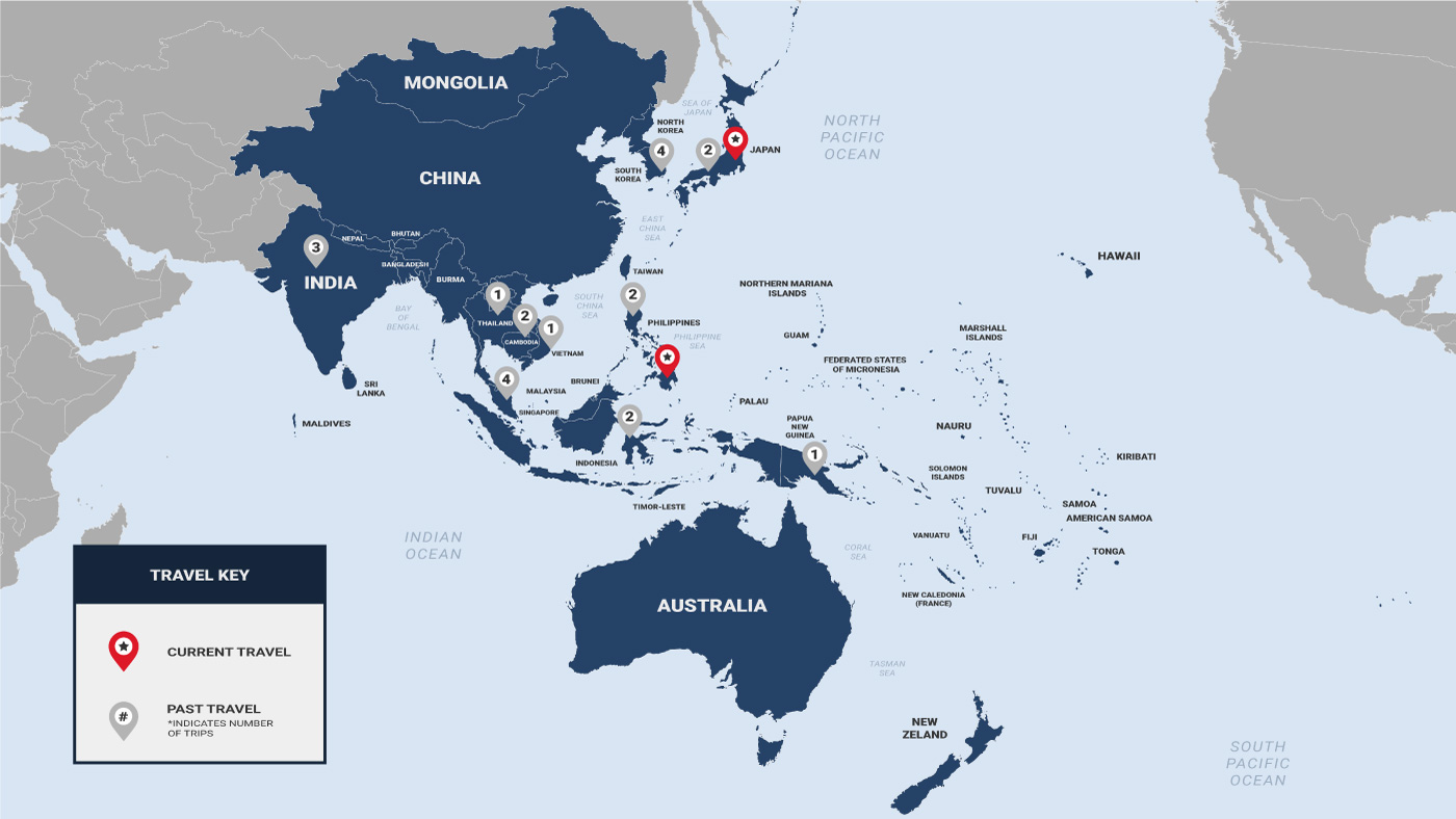 A map indicating the Secretary of Defense's travels and number of trips to the following locations: Singapore (4), Cambodia (2), India (3), South Korea (4), Indonesia (2), Papua-New Guinea (1), Japan (2), Philippines(2), Thailand (1), and Vietnam (1).