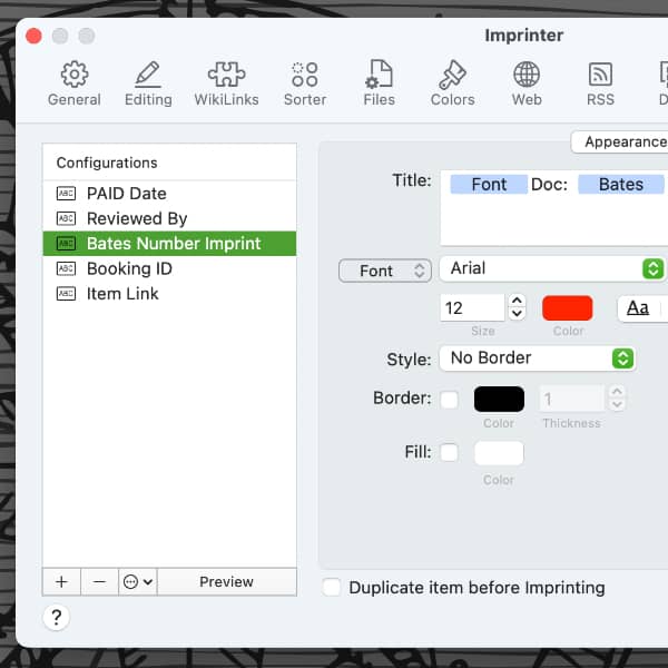 DEVONthink's Imprinter preferences showing an imprint configuration.