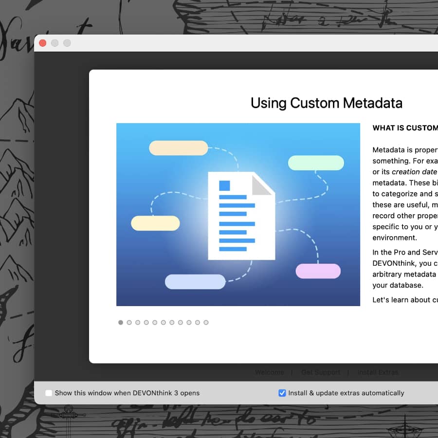 Screenshot showing DEVONthink's support assistent displaying the tutorial on using custom metadata.
