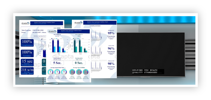 Screen with captions. To the left of the screen, three sheets show statistics for accuracy, integrity, synchronicity, and average speed.