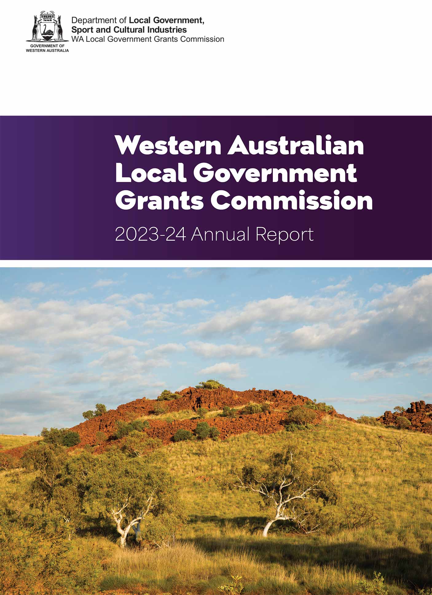 Report cover with an image of a hill, trees and grass in the Pilbara. Text reads: Western Australian Local Government Grants Commission 2023-24 Annual Report