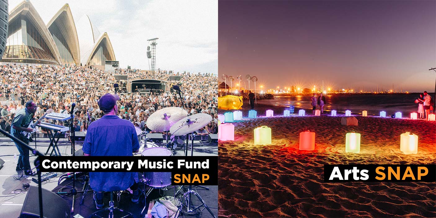 A montage of a concert and a illuminated sculpture on a beach