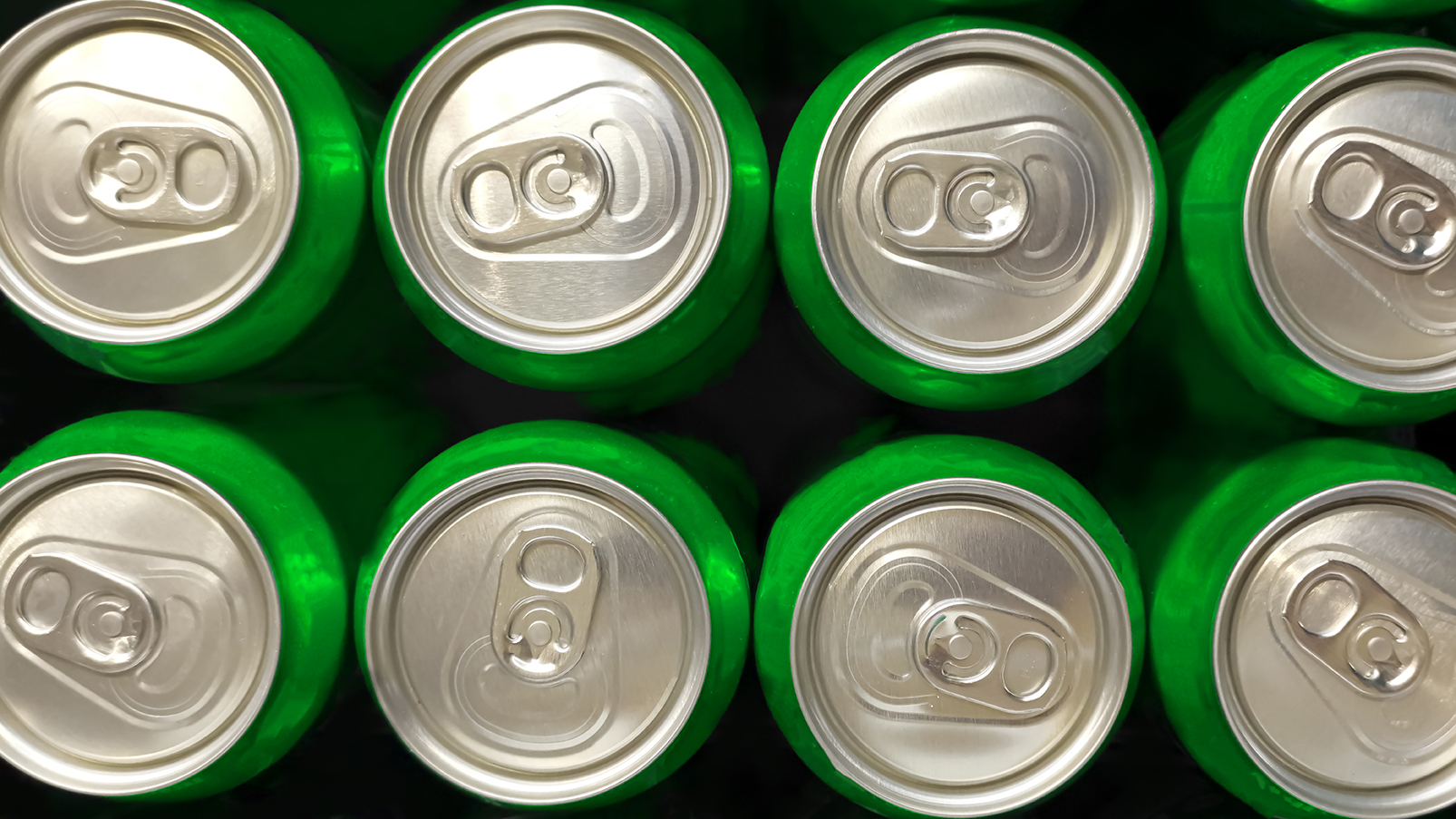 Stock image of 8 beverage cans from the top