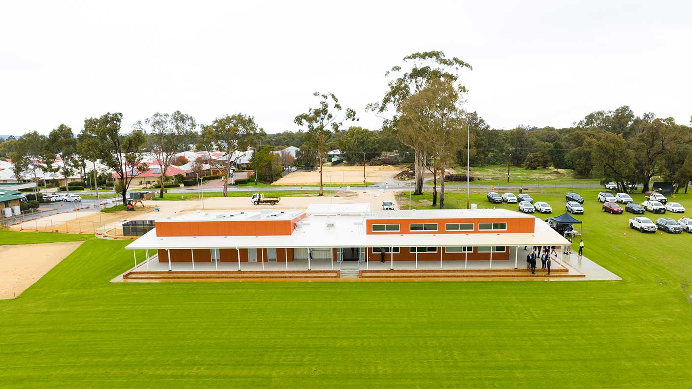 An drone view of the Lovegrove Sports Pavilion in Pinjarra