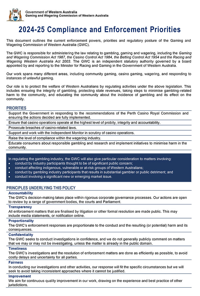 Document cover for  the GWC 2024-25 Compliance and Enforcement Priorities