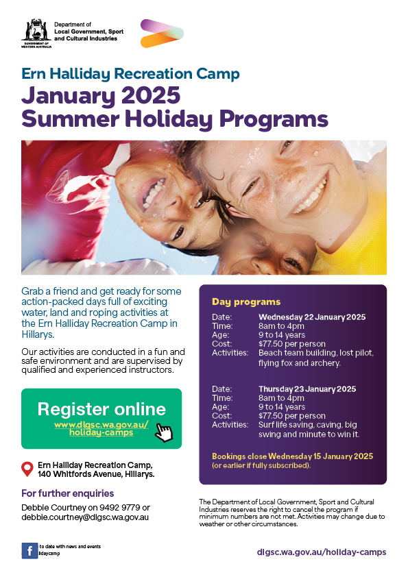 Poster for the Ern Halliday Recreation Camps January 2025 Summer holiday program.  Includes image of smiling children