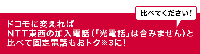 比べてください！　ドコモに変えればNTT東西の加入電話（「光電話」は含みません）と比べて固定電話もおトク（※3）に！