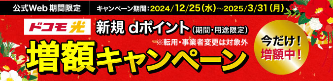 【公式Web 期間限定】キャンペーン期間：2024/12/25（水）～2025/3/31（月）ドコモ光 新規 dポイント（期間・用途限定）増額キャンペーン※転用・事業者変更は対象外 今だけ！増額中！