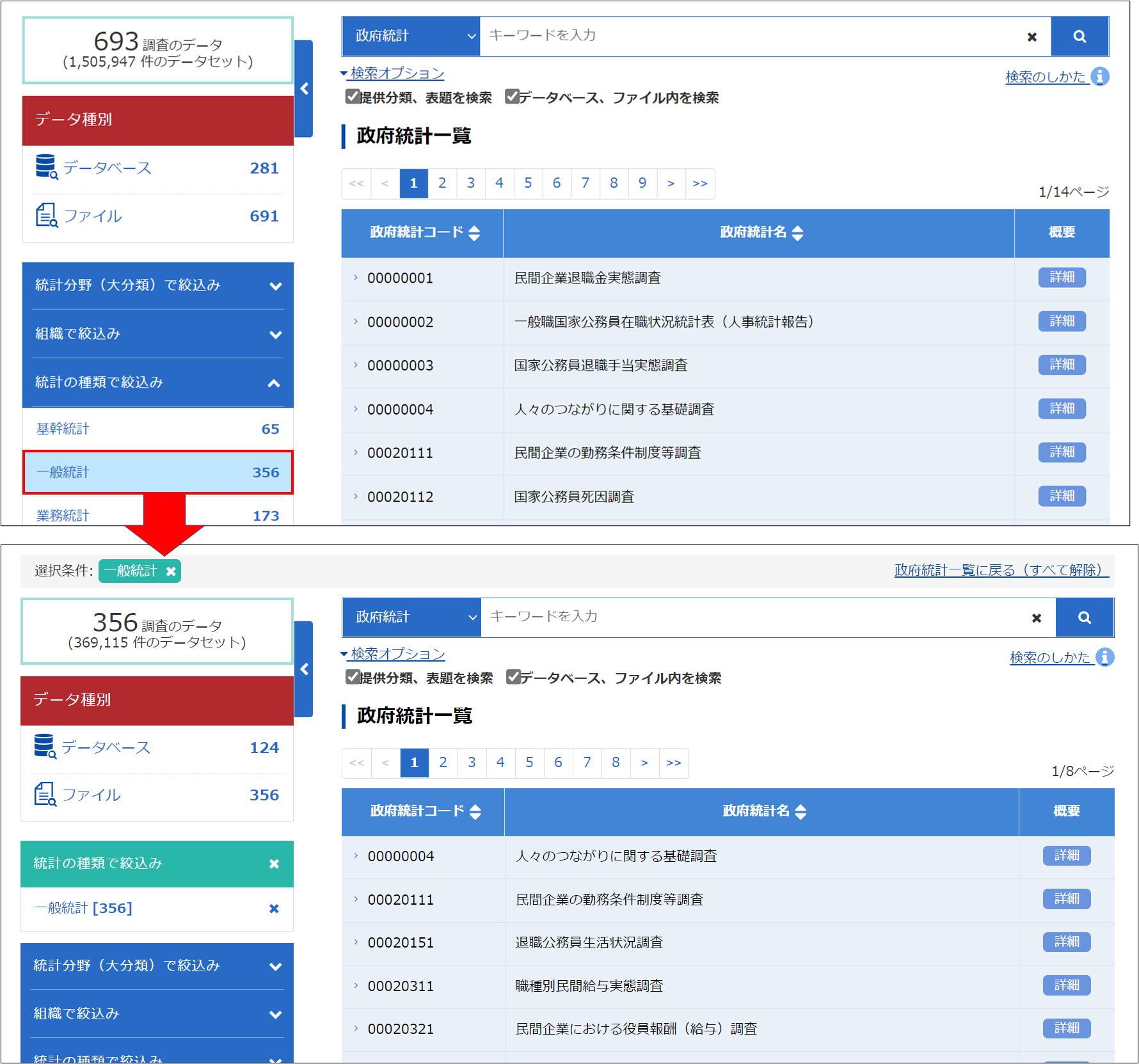 統計の種類で絞り込む例