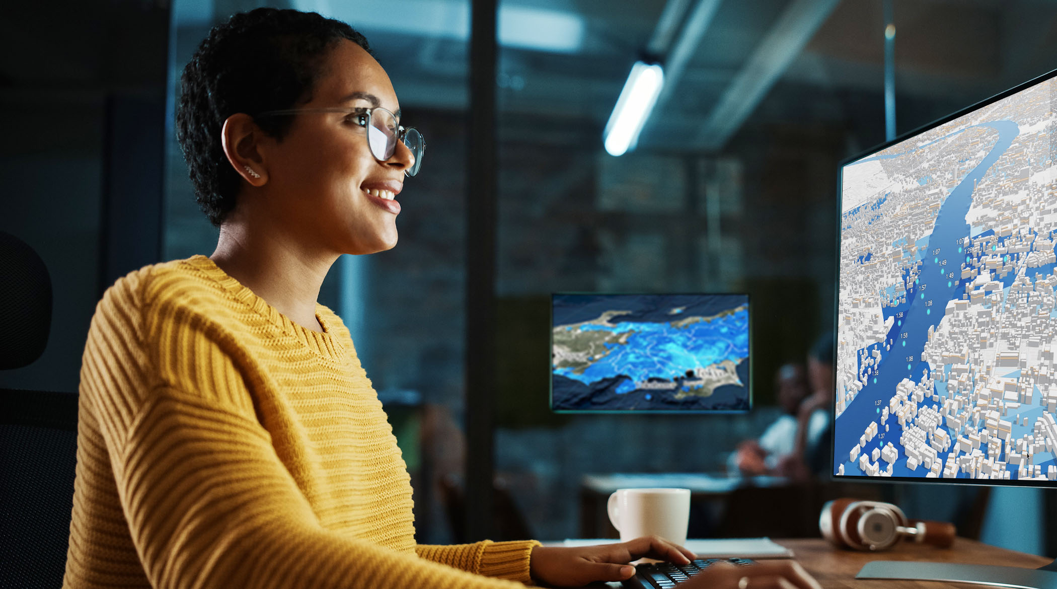 Mujer con gafas sonriendo mientras mira la pantalla de un ordenador que muestra un mapa en 3D