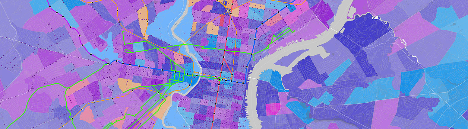 Un colorido mapa con formas abstractas, líneas y puntos que representan datos geográficos e infraestructuras urbanas.