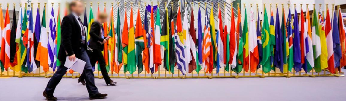 Two persons walking in front of the flags of the ACP-EU JPA Member States