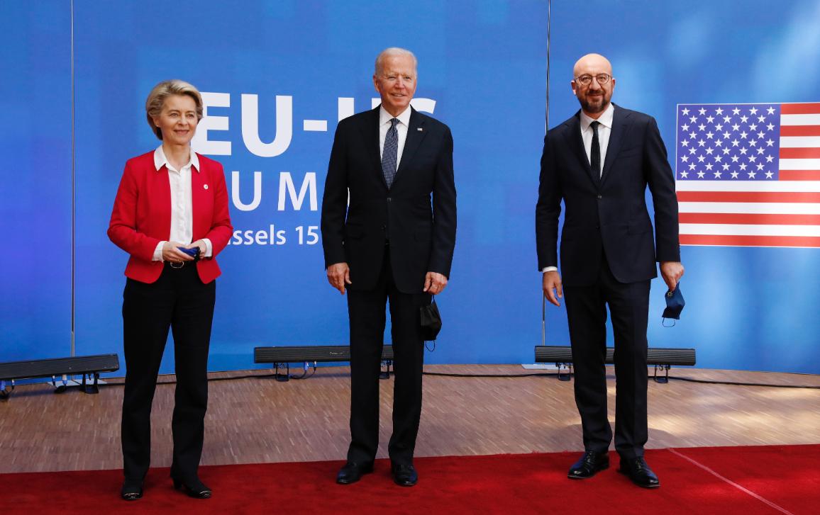 From left to right: Ursula VON DER LEYEN (President of the European Commission), Joseph BIDEN (President of the United States of America), Charles MICHEL (President of the European Council); official welcome