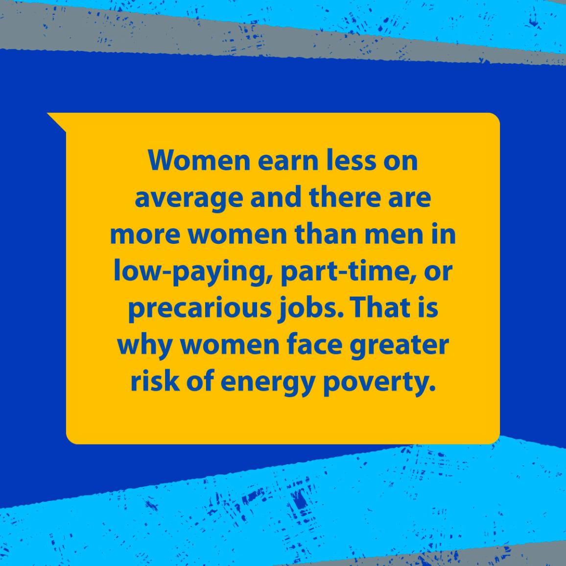 The image explains that women have less stable jobs and lower incomes than men, facing higher risks of energy poverty.